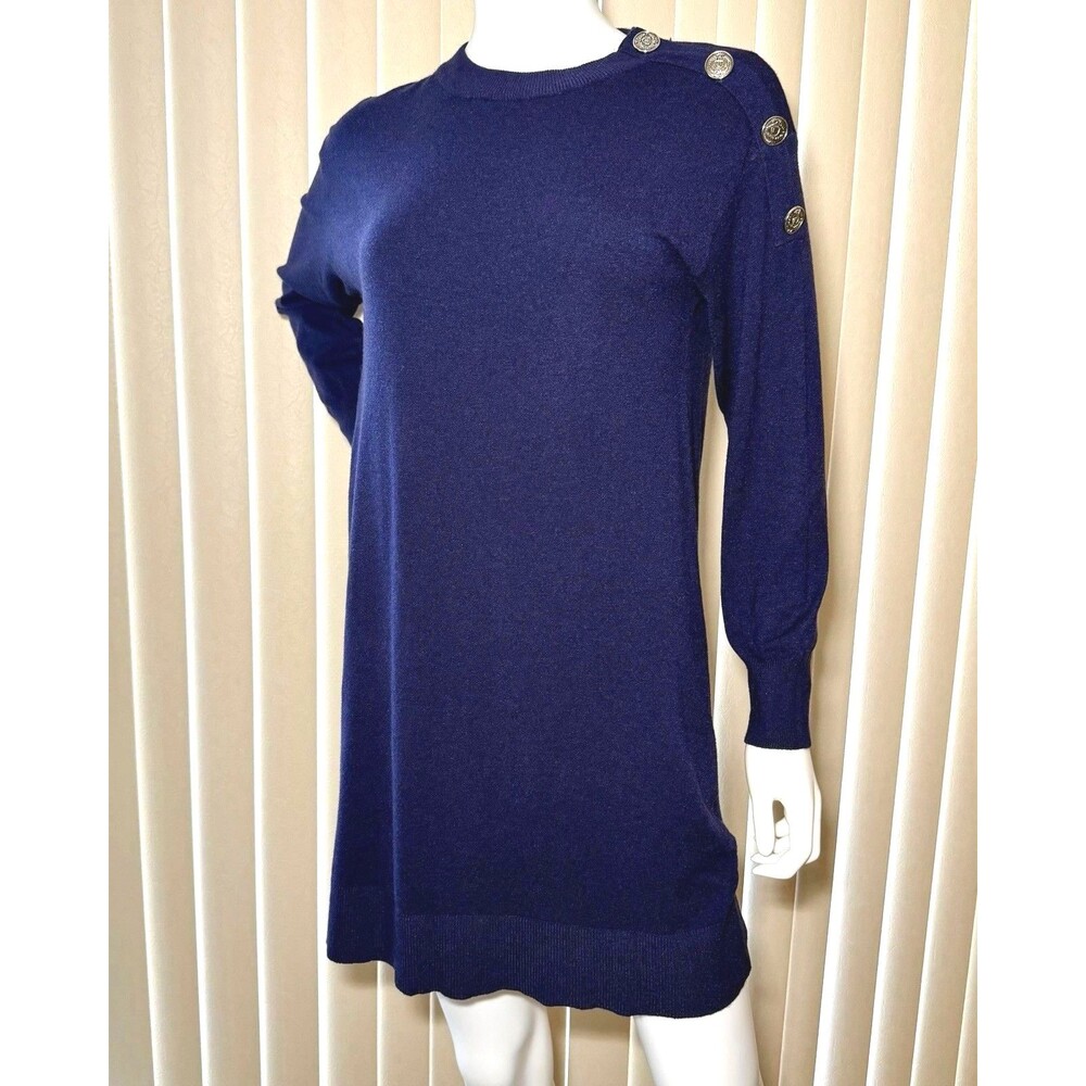 Anna Kay Nakao Cashmere Blend Mini Sweater Dress M Navy Shoulder Buttons